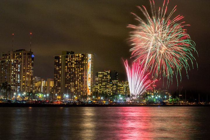 Colorful fireworks over a city skyline with reflections on the water at night.