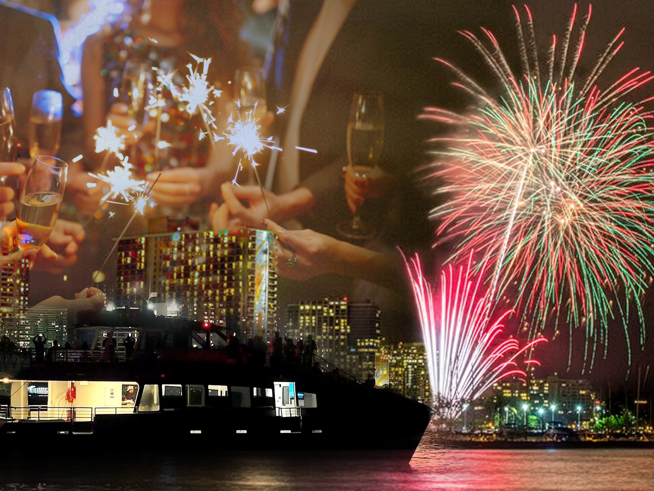 Fireworks over cityscape; people holding sparklers and champagne glasses overlay.