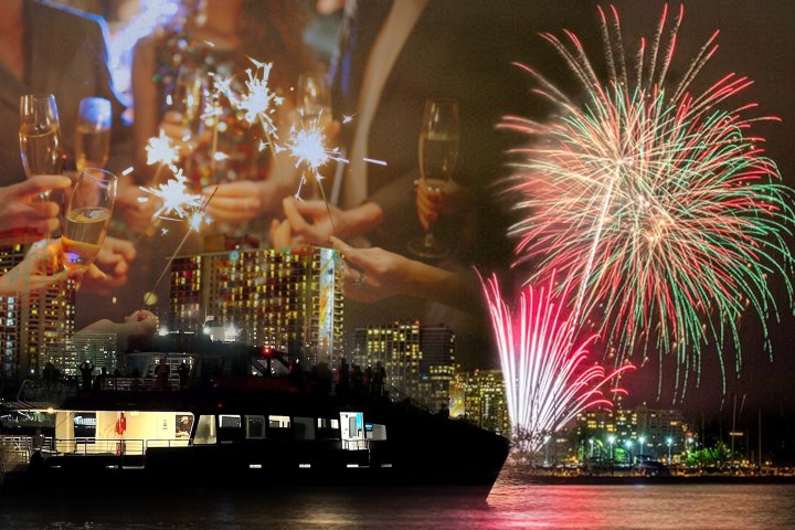 Fireworks over cityscape; people holding sparklers and champagne glasses overlay.