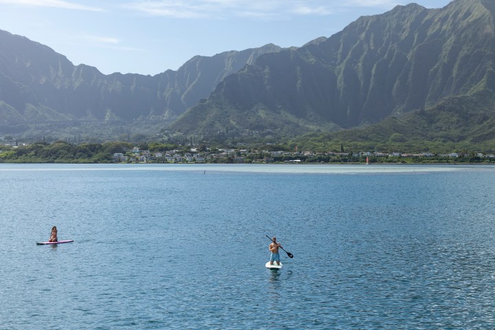 Two people paddleboarding on a lake with mountains and buildings in the background.