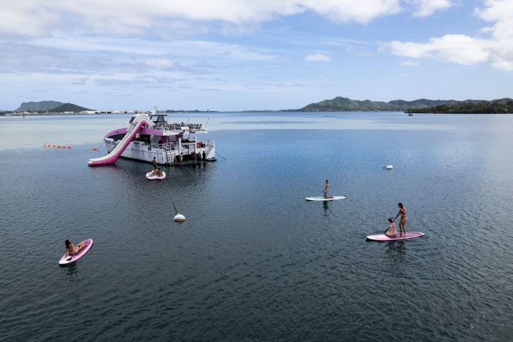 People paddleboarding near a boat with a slide in a scenic bay under a partly cloudy sky.