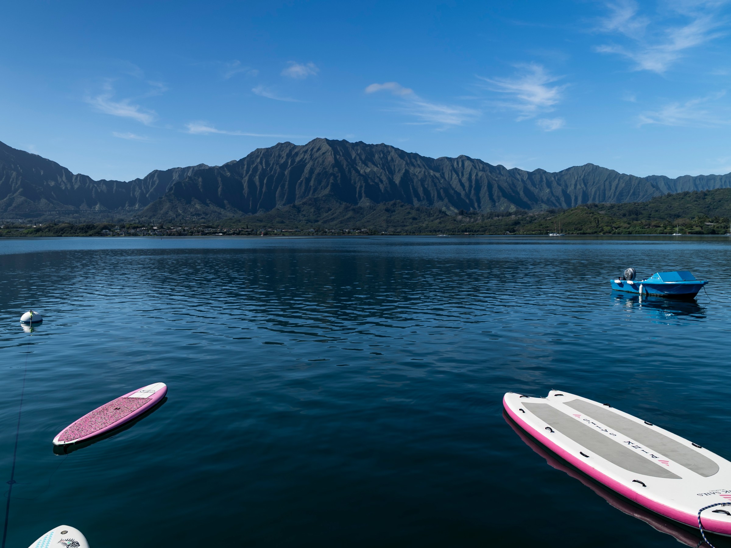 Serene lake with paddleboards and boat, mountains in background under clear blue sky.