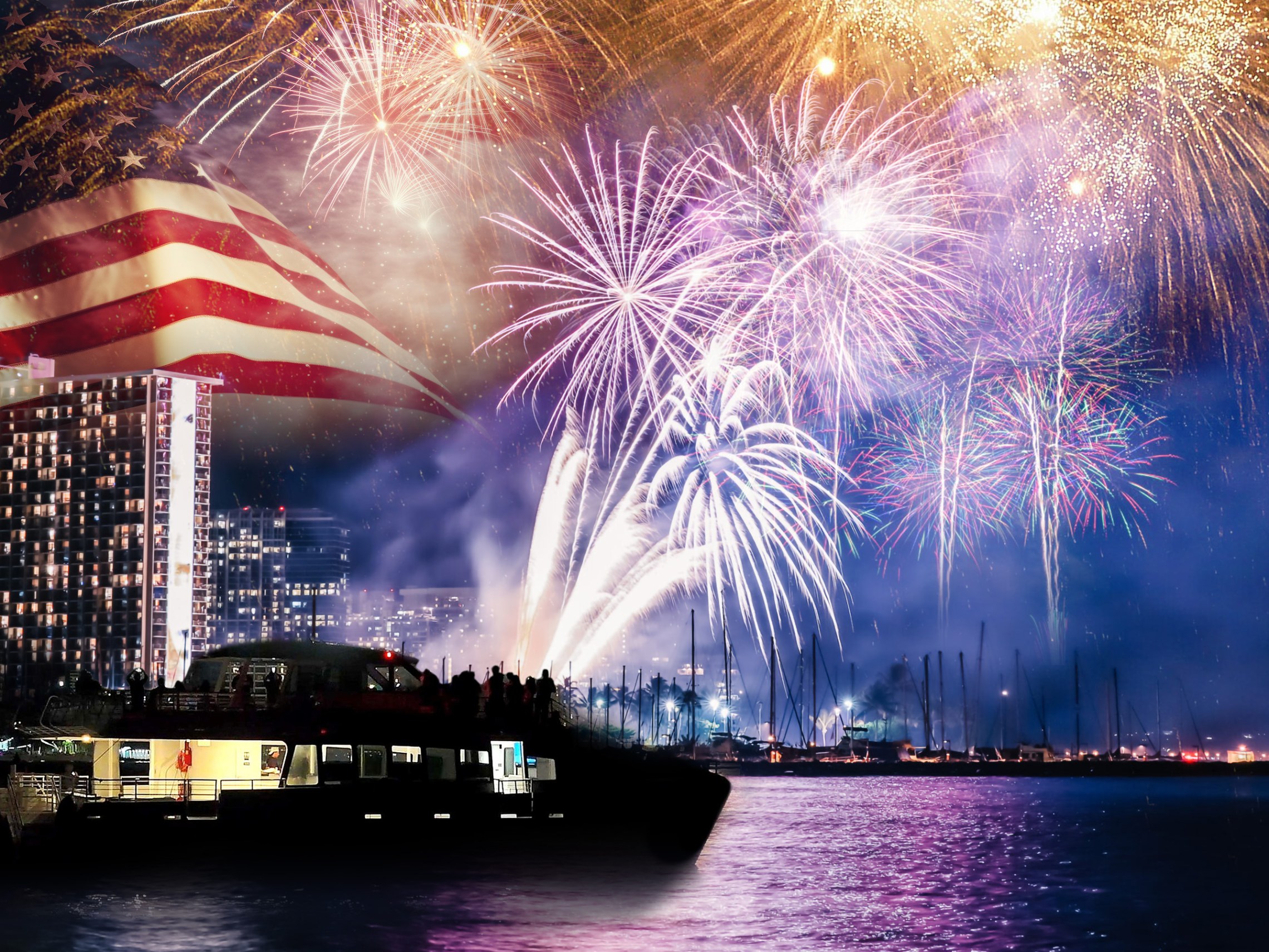 Fireworks over a city skyline with a boat on water and U.S. flag overlay.